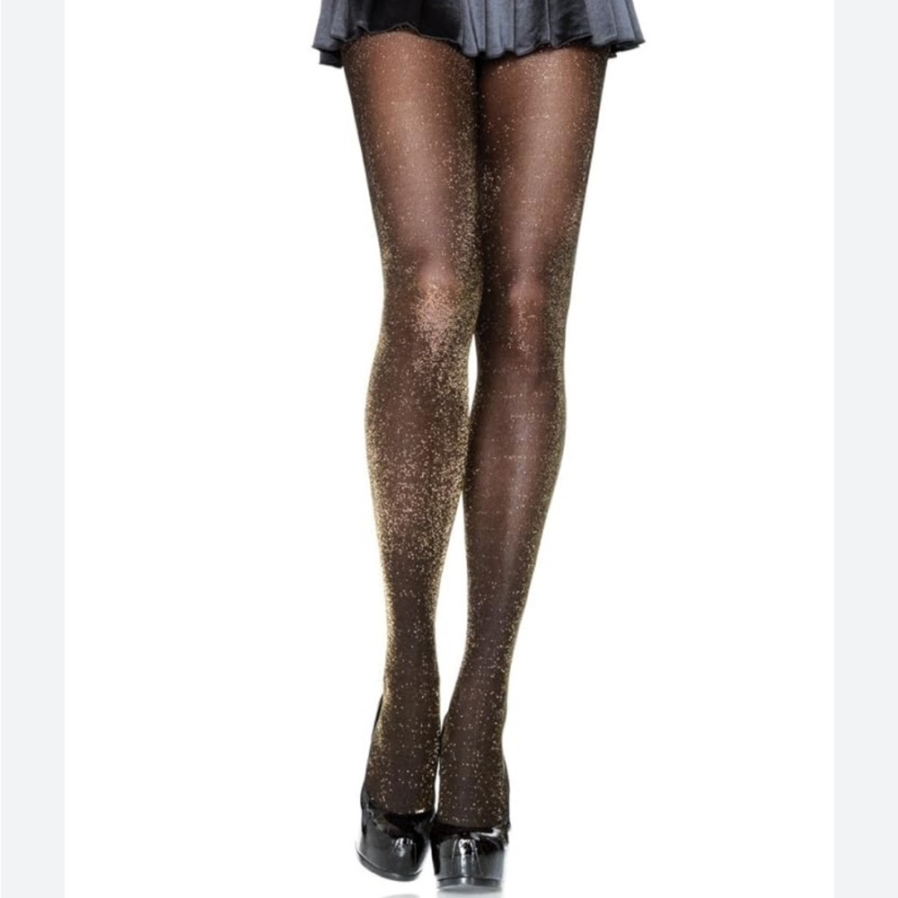 Brand New Leg Avenue Black Sheer Gold Metallic Shimmer Tights Panty Hose